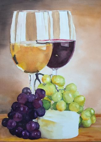 Hvid- og rødvin, druer og ost